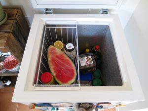 Overhead view of chest freezer converted into a fridge