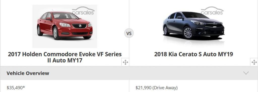 Screenshot of a comparison between a 2017 Holden Commodore and a 2018 Kia Cerato